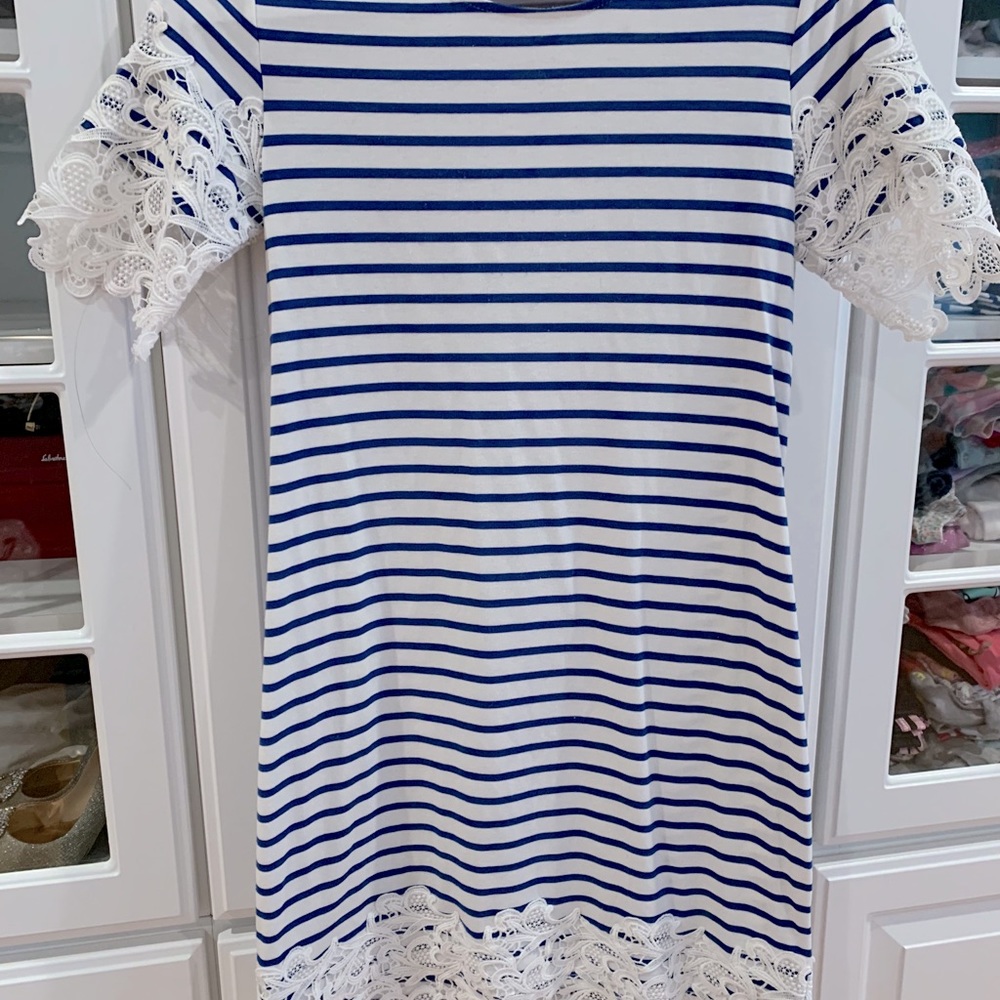 Beautiful white lace blue striped dress